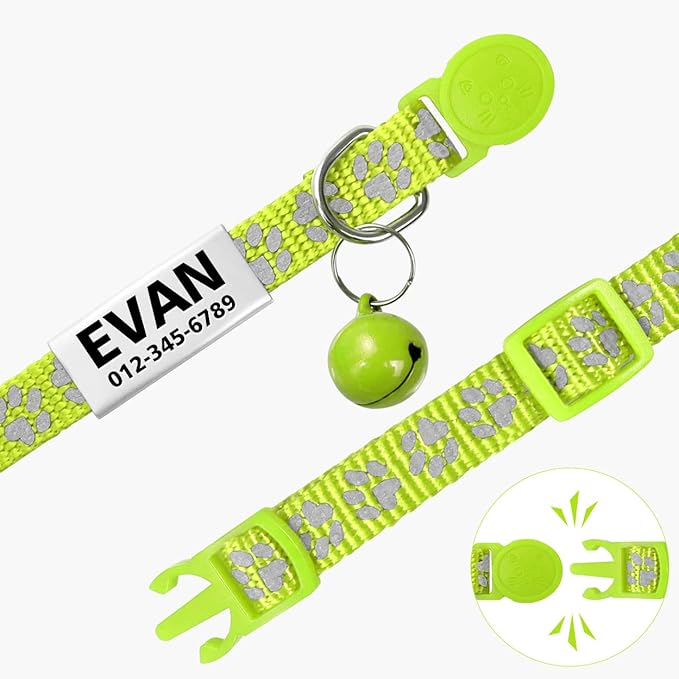 TagME 2 Pack Cat Collar with Name Tag, Personalized Reflective Cat Collar Breakaway with Bell for Boy & Girl Cats, Green