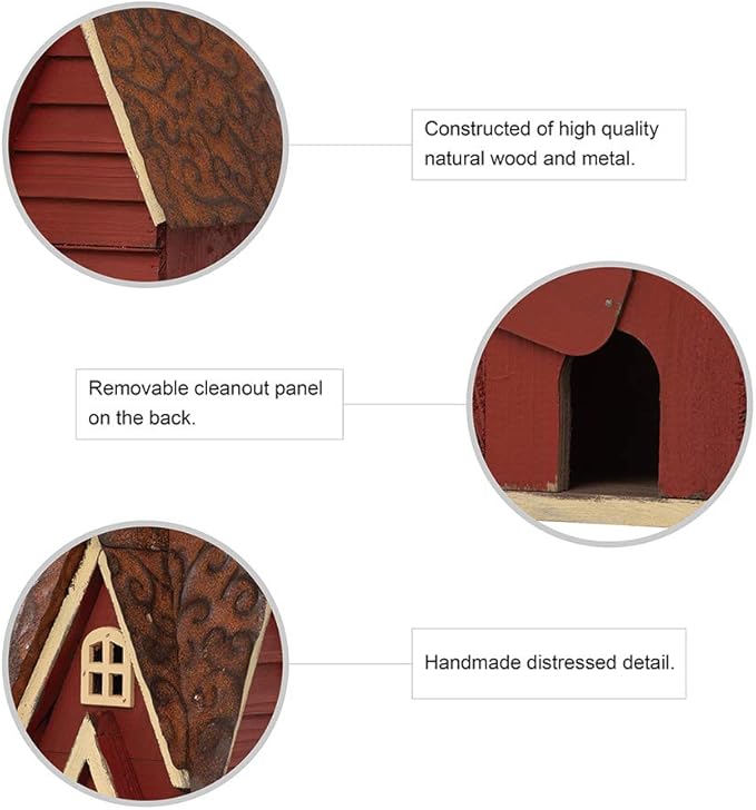 Glitzhome 12" H Distressed Red Cottage Solid Wood Birdhouse Hanging Bird House for Outdoors