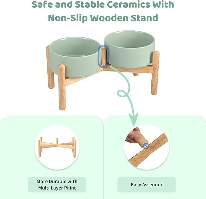 SPUNKYJUNKY Ceramics Elevated Dog Bowls with Wooden Stand Raised Bowl for Medium Large Dog Food and Water Pet Feeding Bowl(Double 60OZ Bowls,Light Green)
