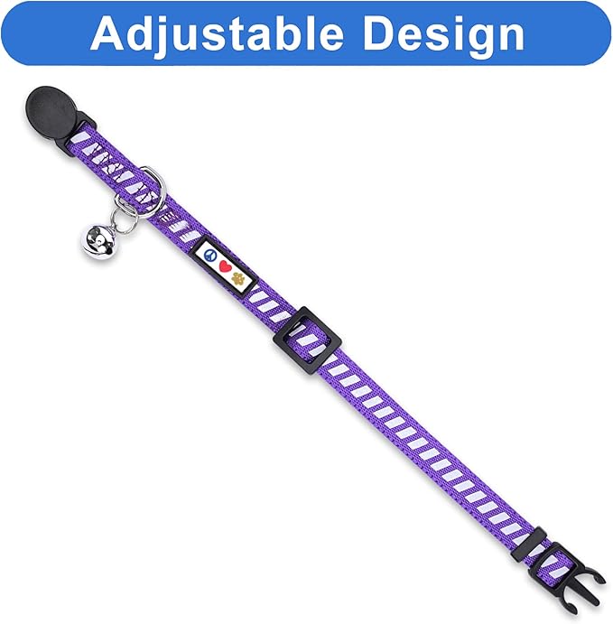 Pawtitas Personalized Cat Collar with Safety Buckle and Removable Bell Cat Collar with Name Phone Number Kitten Adjustable Collar Customized Cat Collar | Purple Reflective Collar for Cats