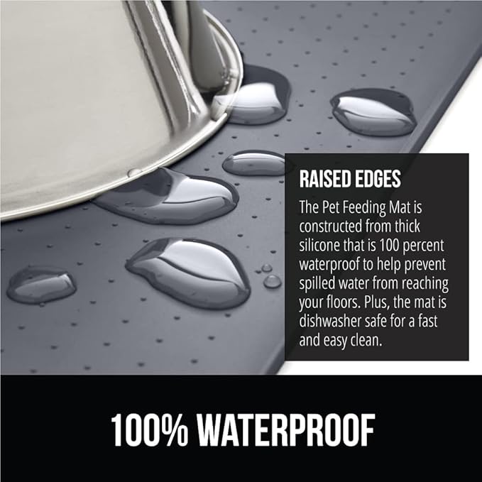 GORILLA GRIP 100% Waterproof Raised Edge BPA Free Silicone Pet Feeding Mat, Dog Cat Food Mats Contain Spills Protects Floors, Placemats for Cats and Dogs Water Bowl, Pets Accessories 28x18 Gray