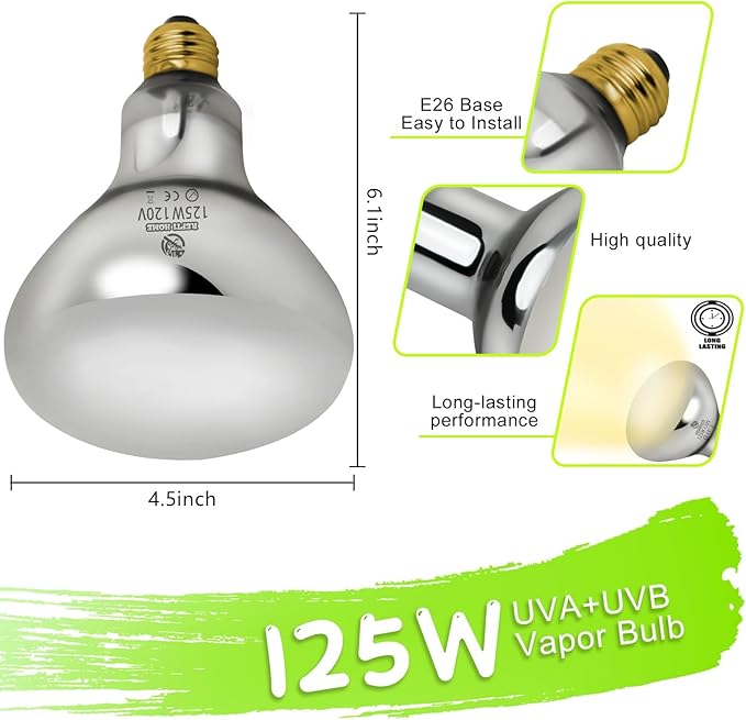 125W UVA UVB Vapor Reptile Heat Lamp, High Intensity Self-Ballasted UVB Basking Lamp Bulb,Full Spectrum Sun Light for Reptiles and Amphibians