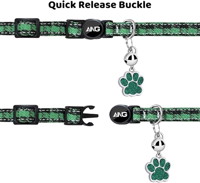 Personalized Breakaway Cat Collars - ID Tag, Bell, Bowtie - Safety Quick-Release, Customized for Girls & Boys Cats (Houndstooth-Green)