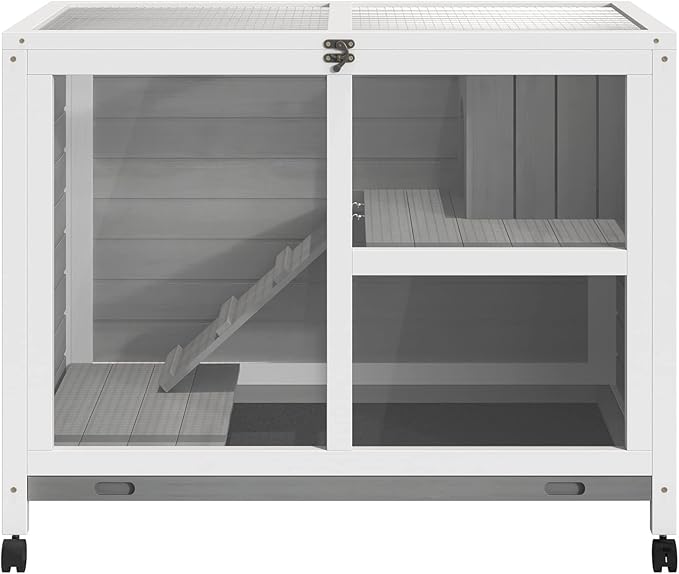 PawHut Rabbit Hutch with Wheels, Desk and Side Table Sized, Wooden Rabbit Cage, Waterproof Small Bunny Cage with Removable Tray, Openable Roof, for Indoor & Outdoor, Gray