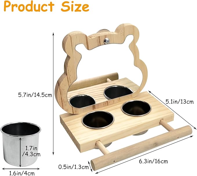 Tfwadmx Bird Parrot Wooden Feeding Cups with Wooden Platform Stainless Steel Birds Bowls Food Water Bowls with Bird Food Holder for Cockatiel Parakeet Macaw Finches Lovebirds