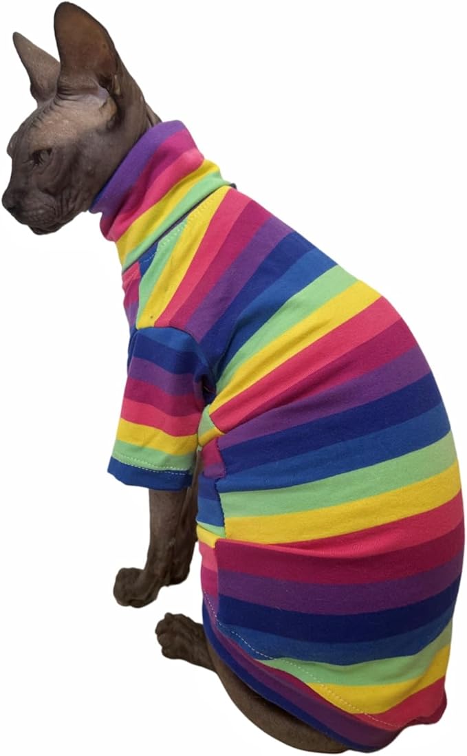 Vintage Stripes Sphynx Hairless Cats Shirt Cotton Cat Turtleneck Pet Clothes Kitten T-Shirts with Sleeves for Sphynx Cornish Rex, Devon Rex, Peterbald (Rainbow Stripe, X-Large (Pack of 1))