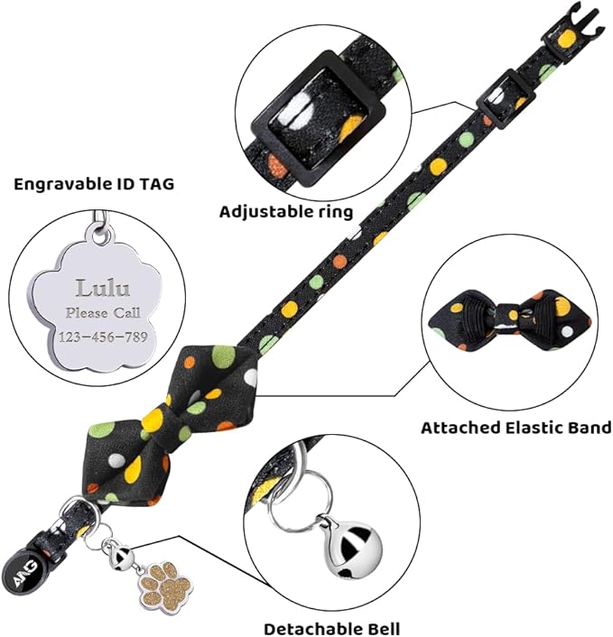 Personalized Breakaway Cat Collars - ID Tag, Bell, Bowtie - Safety Quick-Release, Customized for Girls & Boys Cats (Polka dot-Black)