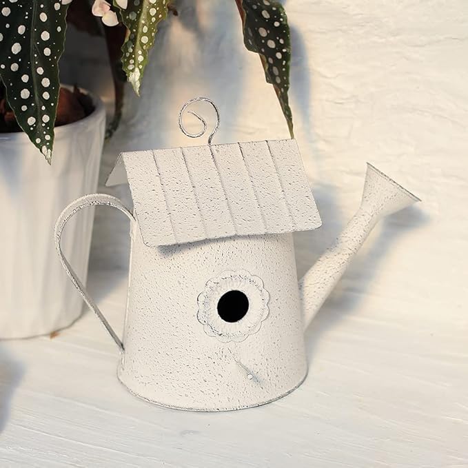 Vintage Hanging Bird Houses for Outside Metal Birds Nest Box for Bluebird Wren Chickadee Sparrow Garden Patio Outdoors Birdhouses Unique Distressed Decoration Watering Can Shape White