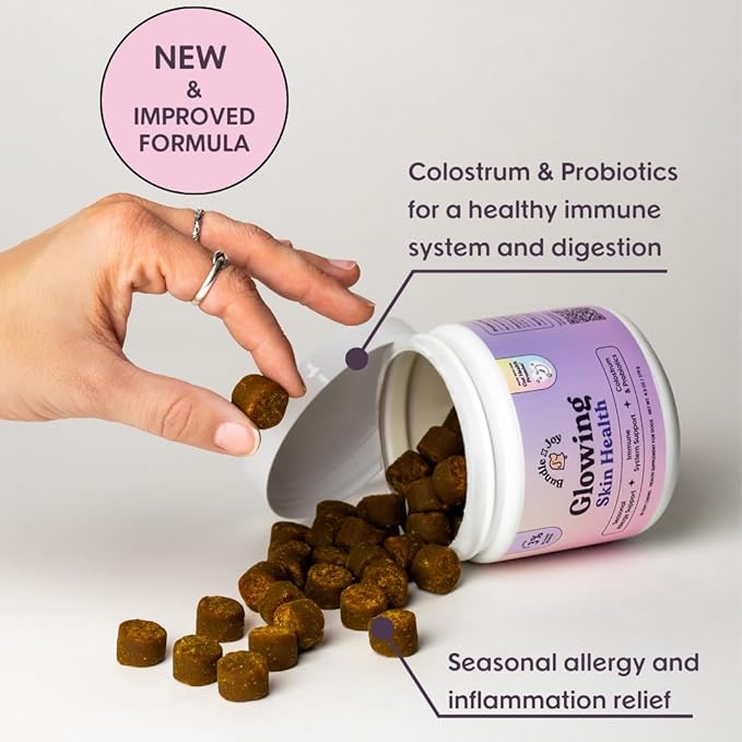 Glowing Skin and Coat Supplement for Dogs, 90 Soft Chews, Probiotics for Dogs with Colostrum, Omega 3 Fatty Acids, Salmon Oil, and Turmeric, Supports Seasonal Allergies & Itchiness