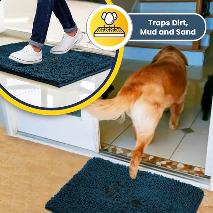 Muddy Mat® Original Dog Door Mat for Muddy Paws, Super Absorbent Microfiber, Non-Slip Washable Pet Rug, Quick Dry Chenille Entryway Carpet, Machine Washable Indoor Outdoor mat, Atlantic Blue 36"x120"