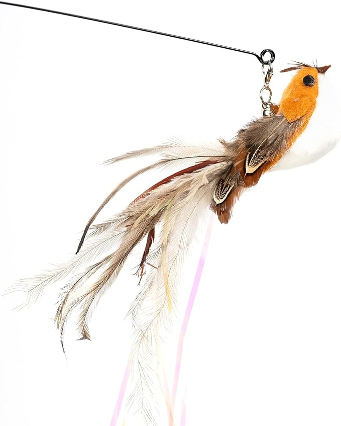 Cat Wand Toys, Adjustable Toys with Silvervine Sticks, Interactive Cat Feather Wand Toy for Indoor Cats, Elastic String Pole Toy with Bell & Feather (Wire Bird)