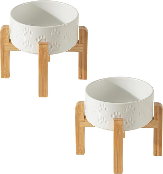 2 Pack Elevated Ceramic Dog Bowls, 6.1 inch Raised Dog Bowl with 2-Height Adjustable Stand for Small Dogs, Reducing Neck Strain (Double Bowls + Double Stands - White, 6 inch)