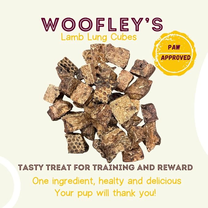 Woofley's -Crunchy Lamb Lung Cubes (5 LB) - Lung Treats for Dogs - Safe Jerky Dog Chews -Easily Digestible Dog Jerky Bully Sticks