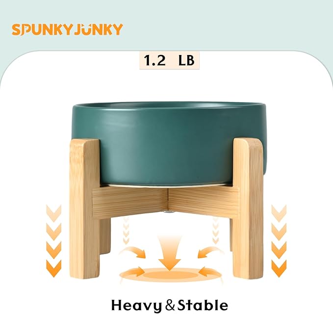 SPUNKYJUNKY Ceramic Elevated Dog Bowls 2 Pack - 5.1inch Raised Dog Bowls with Non-Slip Wooden Stand for Small Dogs Dishwasher Safe(Green,13.5OZ*2)