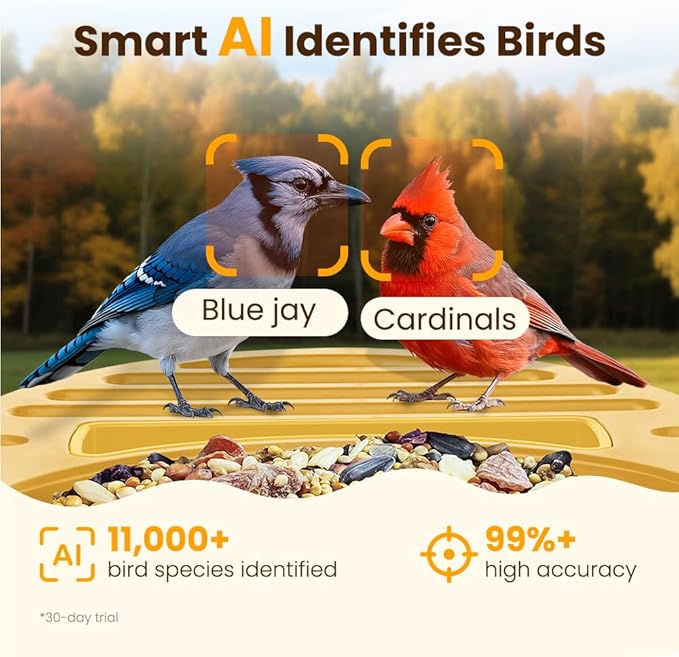 Smart Bird Feeder with Camera, 2.5K UHD Bird Feeder Camera Solar Powerd, Sensitive AI Bird Identification, Instant Alerts Capture Bird Video, IP66 Bird Feeder for Outdoor, Ideal Gift, Yellow