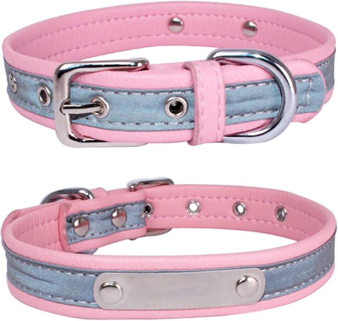 Yonsbox Custom Personalized Reflective Dog Collar with Name Plate Engraved Cute Dog Collars for Male Female Boy Girl Large Dogs Pink, XXL