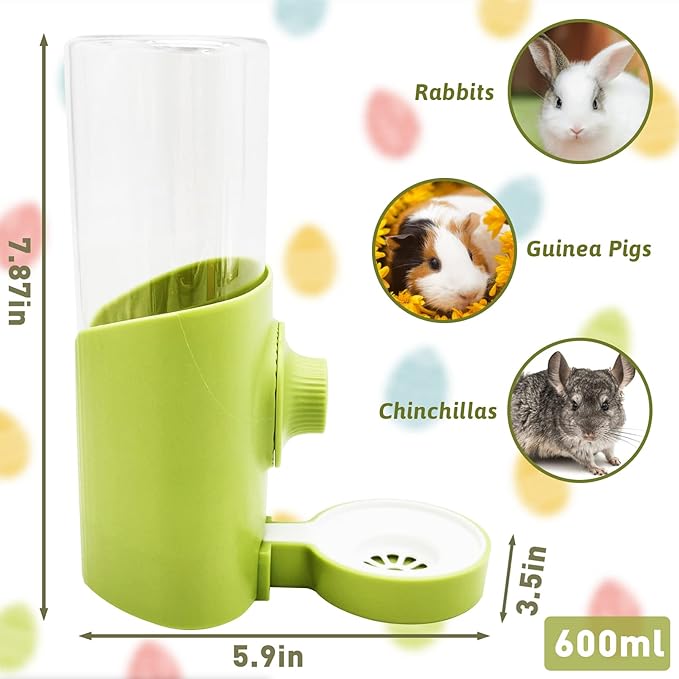 Fhiny Rabbit Water Bottle No Drip, 2 PCS Hanging Guinea Pig Water Dispenser 600ml Small Animal Gravity Automatic Water Feeder for Bunny Guinea Pigs Chinchillas Hedgehogs Ferrets Squirrels (Green)