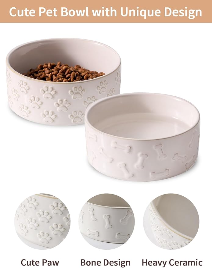 UBEE Ceramic Dog Bowl Set of 2, 5.1 inch Dog Dish Food Bowl with Paw Pattern, Pet Food Water Dish Feeding for Small Dogs and Large Cat, White