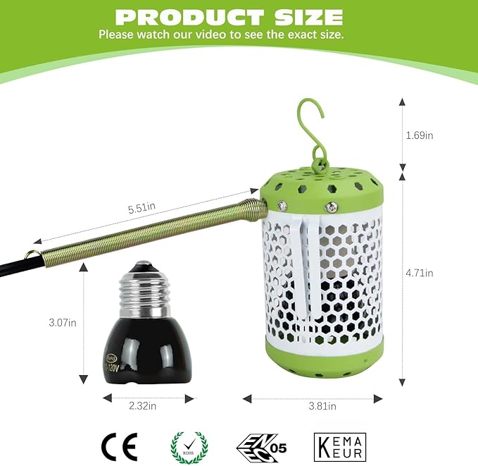 NICENICY Reptile Heat Lamp with Guard, Ceramic Heat Lamp Bulb with Lampshade, Adjustable Reptile Ceramic Heat Lamp Covers Guard with 100 Watt Infrared, No Light Only Heat (Small)
