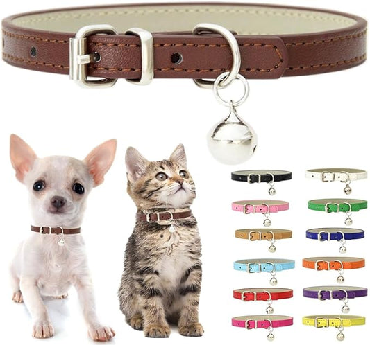 Brown Small Dog Collar with Bell, Soft Pu Leather Cat Collars Adjustable Buckle for XXS XS Extra Small Medium Tiny Female Male Boys Girls Pets Dogs Kitten Teacup Yorkie S