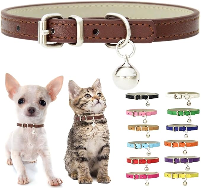 Brown XS Dog Collar with Bell, Soft Pu Leather Cat Collars Adjustable Buckle for XXS Extra Small Medium Tiny Female Male Boys Girls Pets Puppy Kitten Teacup Yorkie X-Small