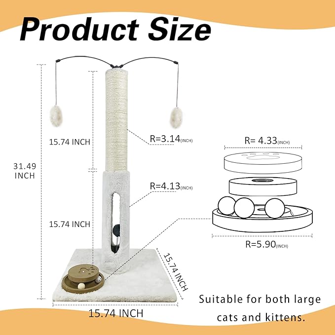 31" Cat Scratching Post Kitten Toys for Indoor Cats Interactive Scratcher with Tracking Ball, Sisal Scratch Rope for Large Cats,Sturdy Base Cat Scratch Post, (Beige, 31" H)
