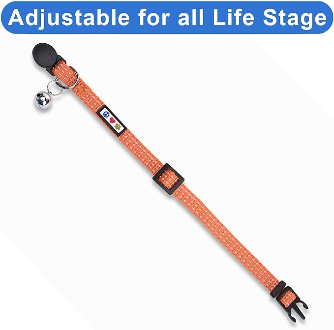 Pawtitas Reflective Cat Collar with Safety Buckle and Removable Bell Cat Collar Kitten Collar Orange Cat Collar One Size