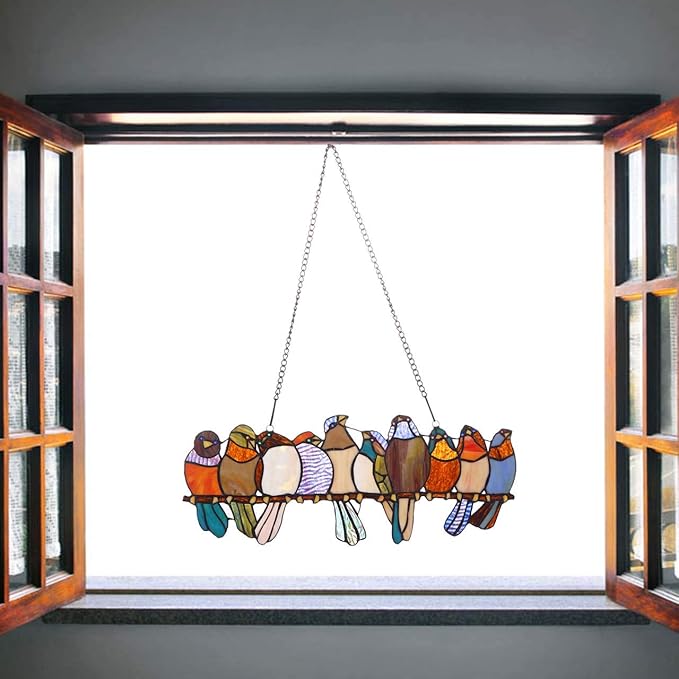 Bieye W10002 Tropical Birds Tiffany Style Stained Glass Window Panel Hangings with Chain, 19" W x 11.4" H