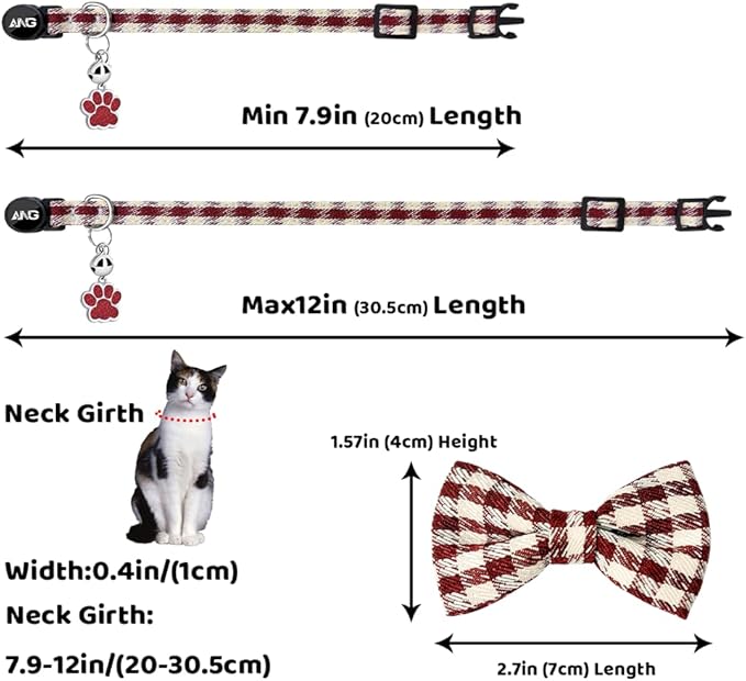 Personalized Breakaway Cat Collars - ID Tag, Bell, Bowtie - Safety Quick-Release, Customized for Girls & Boys Cats (Houndstooth-Wine Red)
