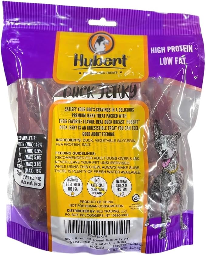 Hubert Pet Gourmet Duck Jerky Dog Treats, High Protein & Low Fat, Healthy & Natural, No Additives, 1 lb Bag