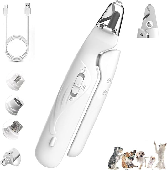 2-in-1 Dog Nail Grinder & Clipper - Ultra-Quiet USB Rechargeable Pet Nail Trimmer with LED Light, Multiple Sanding Ports, and Splash Guard for Small, Medium, & Large Dogs and Cats (White)