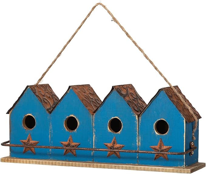 Glitzhome 17" L Retro Blue Distressed Solid Wood Birdhouse with Perch Garden Hanging Bird House for Outdoors