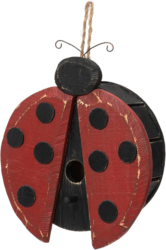 Glitzhome 11.5" H Distressed Solid Wood Ladybug Birdhouse Garden Hanging Bird House for Outdoors