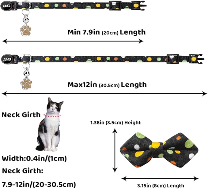 Personalized Breakaway Cat Collars - ID Tag, Bell, Bowtie - Safety Quick-Release, Customized for Girls & Boys Cats (Polka dot-Black)