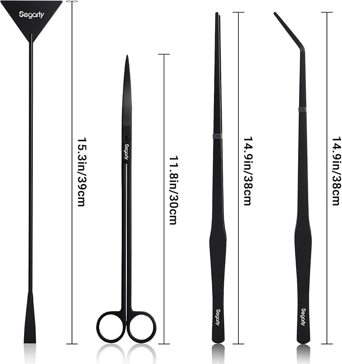 Segarty Longer Aquarium Aquascaping Tools, 4 in 1 Stainless Steel Black Aquarium Tools Kit for Aquatic Plant Fish Tank, Long Scraper Spatula Feeding Tweezers Curved Scissors Anti Rust Aquascape Set
