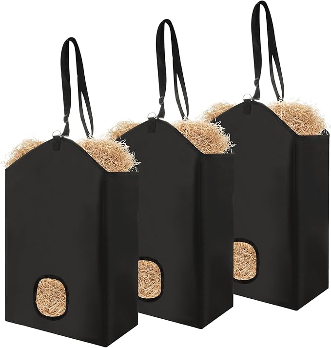 3 Pack Hay Bag for Horse - 18.11 x 7.08 x 13.78 Inch Open Feed Hole Hay Feeder for Slow Feeding - Premium 600D Oxford Cloth with Metal Ring and Adjustable Strap for Goat, Donkeys, Sheep