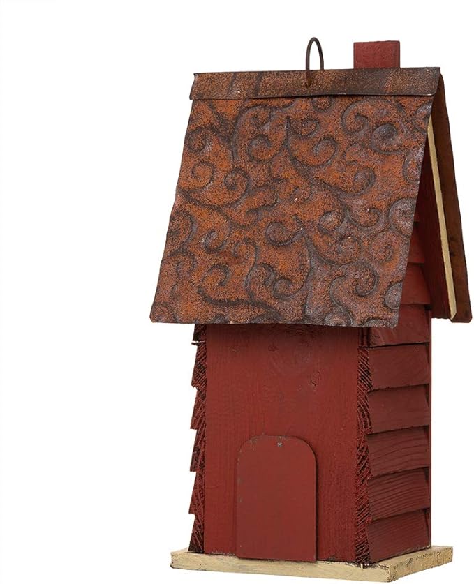 Glitzhome 12" H Distressed Red Cottage Solid Wood Birdhouse Hanging Bird House for Outdoors