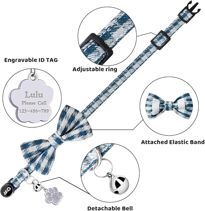Personalized Breakaway Cat Collars - ID Tag, Bell, Bowtie - Safety Quick-Release, Customized for Girls & Boys Cats (Houndstooth-Blue)
