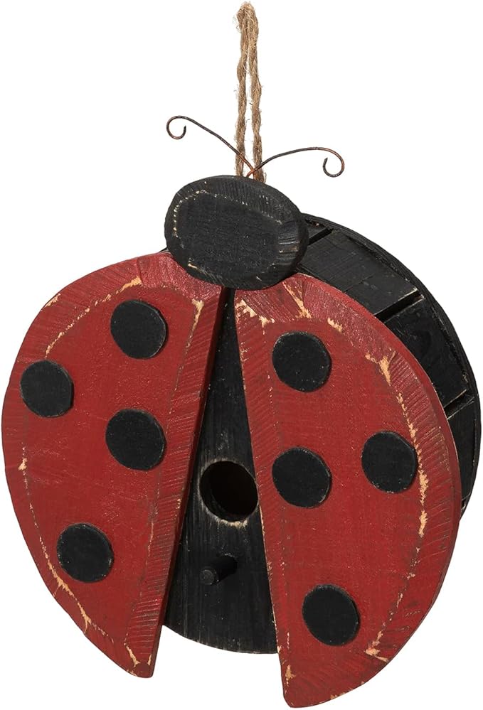 Glitzhome 11.5" H Distressed Solid Wood Ladybug Birdhouse Garden Hanging Bird House for Outdoors