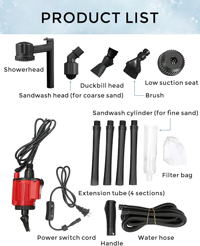 28W Electric Aquarium Vacuum Gravel Cleaner, 6 in 1 Automatic Fish Tank Vacuum Cleaner, 1800L/H Flow, Suction Pollution, Sand Washing, Water Exchange, Oxygenation, Filtration, Rain Shower