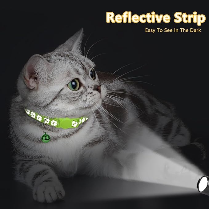 Taglory Reflective Cat Collar Breakaway with Bells, 2 Pack Girl Boy Pet Cat Collar Adjustable 7.5-12.5 Inch, Green