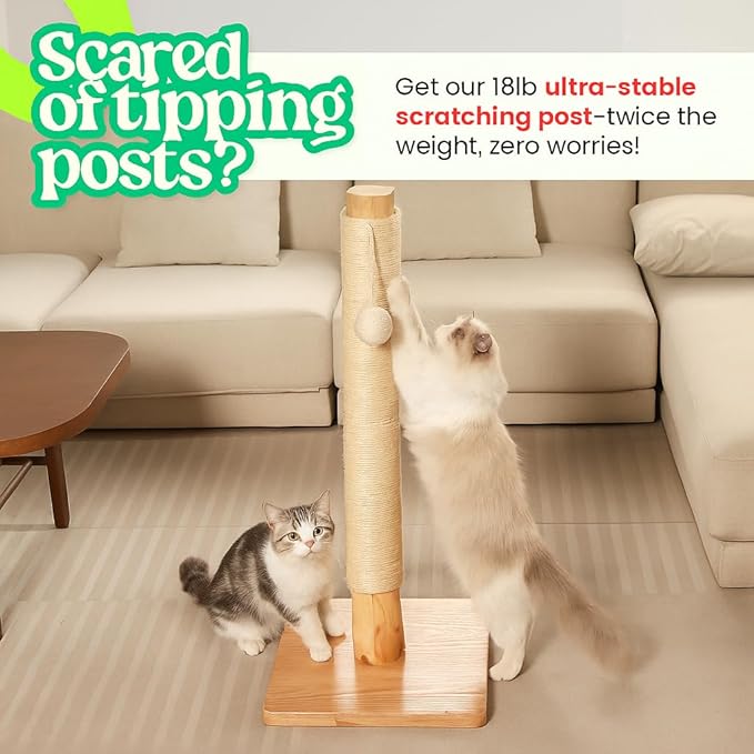 Premium 35" Cat Scratching Post – Natural Pear Wood, Sisal Rope, Rubber Wood Base with Oak Skin, Ideal for Large Cats, Free Rope Replacement