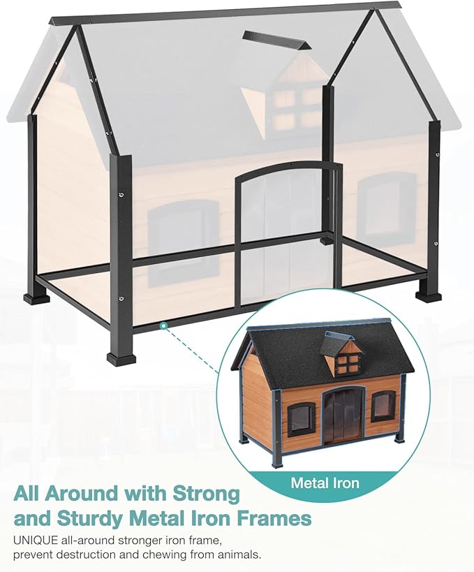 Outdoor Dog House with Iron Frame - Comfortable Shelter for Small to Large Dogs, Ideal for Indoor/Outdoor Use (Wood, L)
