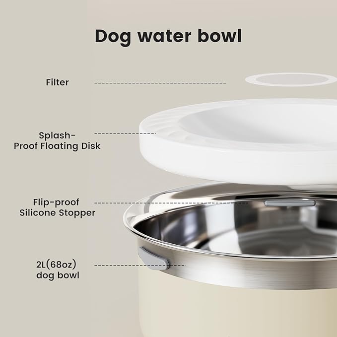 Gardner Pet Slow Water Bowl for Dogs, 2L/68oz Spill-Proof Pet Water Bowl with Floating Disk, Stainless Steel No-Spill Water Dispenser for Small & Medium Pets