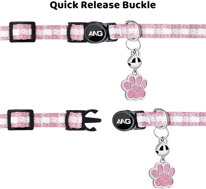 Personalized Breakaway Cat Collars - ID Tag, Bell, Bowtie - Safety Quick-Release, Customized for Girls & Boys Cats (Houndstooth-Pink)