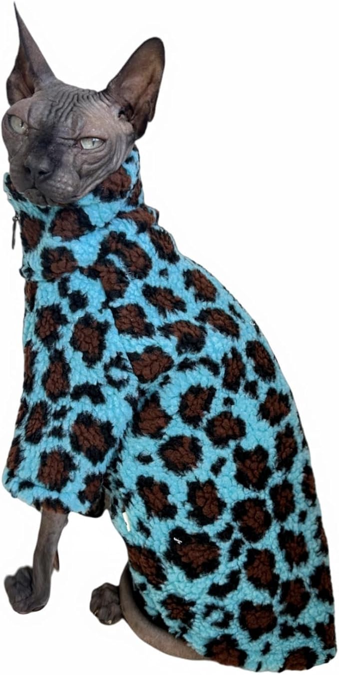Turtleneck Sphynx Cat Winter Clothes, Double-Sided Fleece Jacket with Zipper, Sweater for Sphynx Cat Winter Warm Outfit Coat for Hairless Cats and Small Dogs Apparel with Sleeves (Leopard, Small)