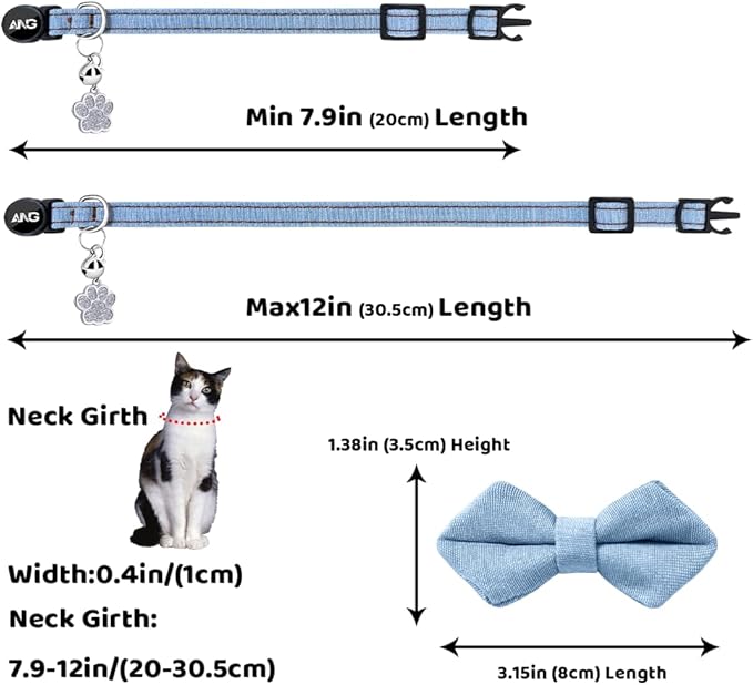 Personalized Breakaway Cat Collars - ID Tag, Bell, Bowtie - Safety Quick-Release, Customized for Girls & Boys Cats (Jean Pattern-Light Blue)