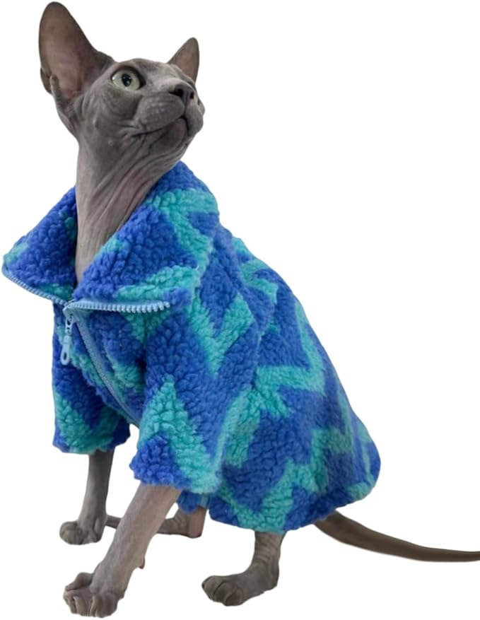 Turtleneck Sphynx Cat Winter Clothes, Double-Sided Fleece Jacket with Zipper, Sweater for Sphynx Cat Winter Warm Outfit Coat for Hairless Cats and Small Dogs Apparel with Sleeves (Lightning, Large)