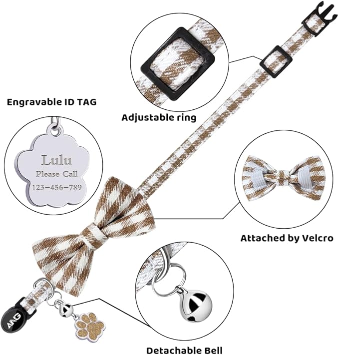 Personalized Breakaway Cat Collars - ID Tag, Bell, Bowtie - Safety Quick-Release, Customized for Girls & Boys Cats (Houndstooth-Brown)