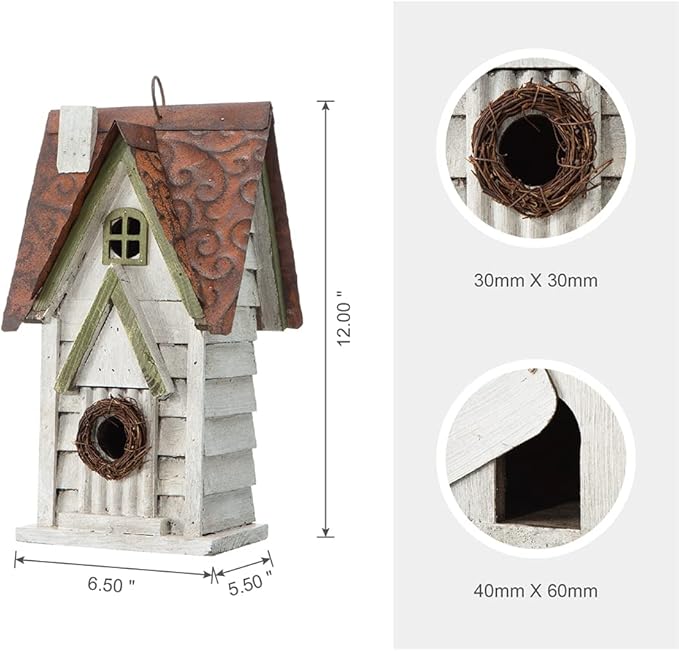 Glitzhome 12" H Washed White Distressed Solid Wood Cottage Birdhouse Hanging Bird House for Outdoors